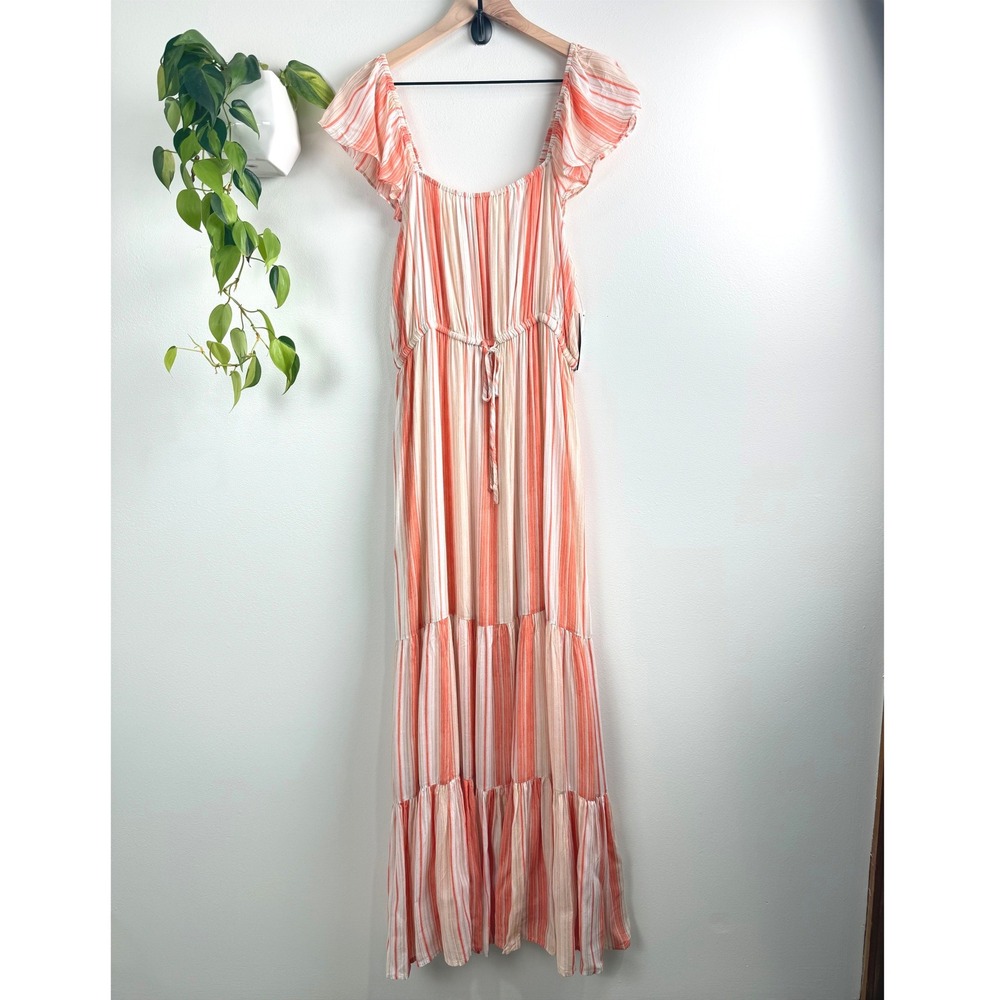 Liverpool Los Angeles Flutter Sleeve Maxi Dress Orange Tan Stripe Tiered L